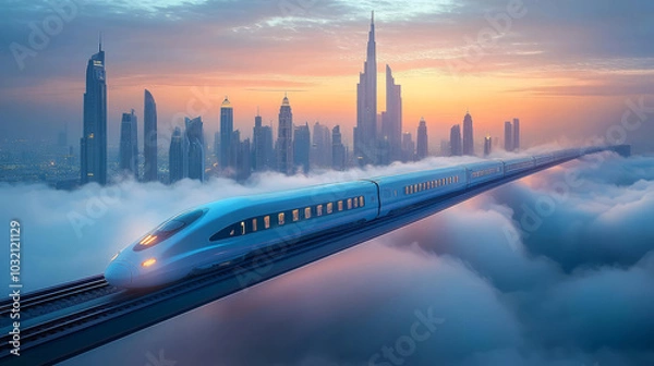 Obraz A high-speed train running in a sea of clouds and the city skyline background