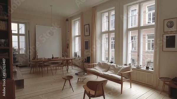 Fototapeta Scandinavian-inspired living room with a blank canvas above the sofa and simple furniture, perfect for overlaying designs