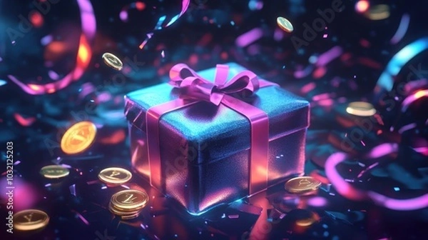 Obraz Shiny gift box wrapped in ribbon, surrounded by coins
