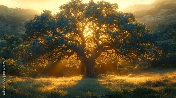 Fototapeta A majestic tree illuminated by golden sunlight in a serene landscape.