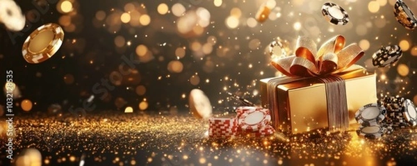 Fototapeta Golden gift box with poker chips and bokeh sparkles