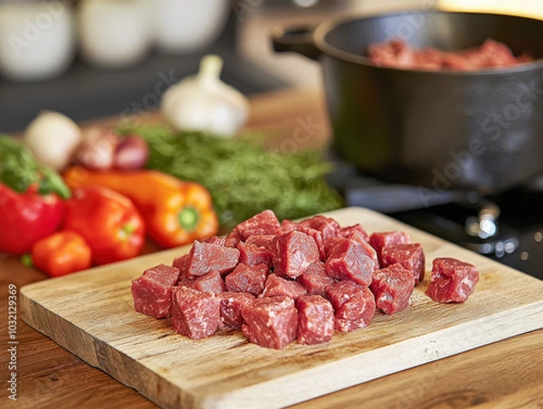 Obraz Fresh diced meat on wooden cutting board, surrounded by colorful vegetables and herbs, ready for cooking. vibrant colors and textures create inviting atmosphere for meal preparation