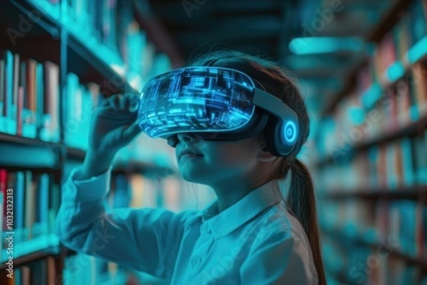 Fototapeta A woman sits in a library wearing a virtual reality headset, surrounded by books and calm atmosphere