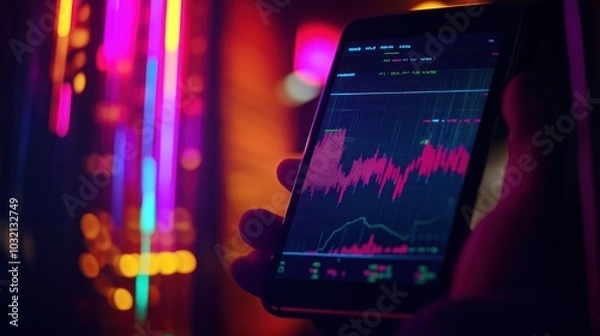 Fototapeta Phone Screen with Stock Market Data and Neon Lights