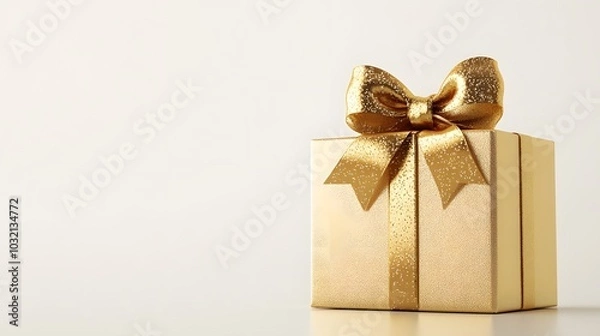 Fototapeta A luxurious gold gift box adorned with a shiny golden ribbon and bow, featuring a minimalist design against a white background, perfect for elegant gifting.