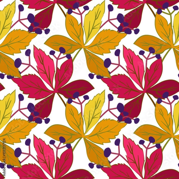 Fototapeta Vector - virginia creeper with berries seamless pattern.