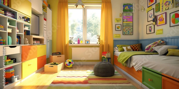 Fototapeta ADHD Support: A child's bedroom is organized with color-coded labels and storage solutions to improve focus and productivity.