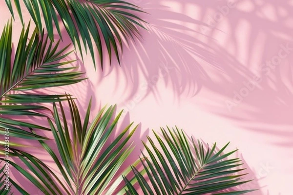 Fototapeta Tropical palm leaves on pink background. Minimal nature summer concept. Flat lay. Place for text