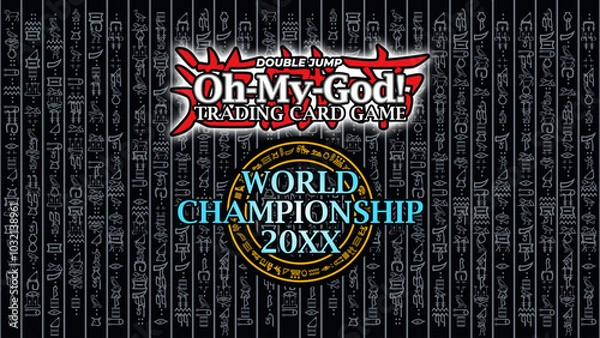 Fototapeta Backdrop for a trading card game championship features Japanese kanji meaning Emperor of Games and incorporates ancient hieroglyph elements creating a striking photo booth for participants