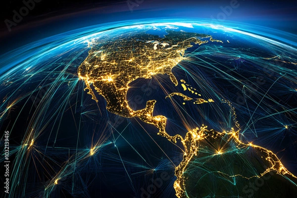 Obraz A view of North and Central America from space at night with glowing city lights connected by network lines and glowing edges
