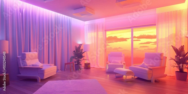 Fototapeta A calming room with soft lighting and pastel colors provides a safe space for individuals to work through their trauma.
