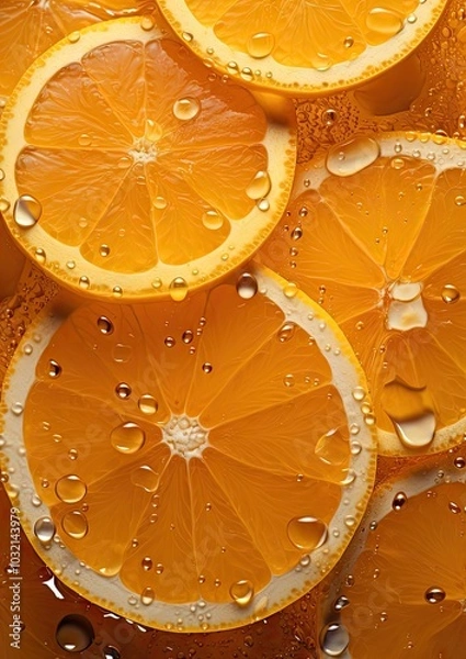 Obraz Freshly sliced oranges with water droplets shining under bright light in a vibrant arrangement on a clear background