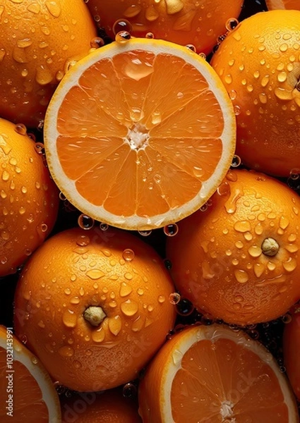 Obraz Fresh oranges with water droplets on a dark surface, showcasing their vibrant color and juicy texture