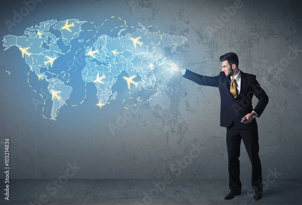 Fototapeta Business person showing digital map with planes around the world