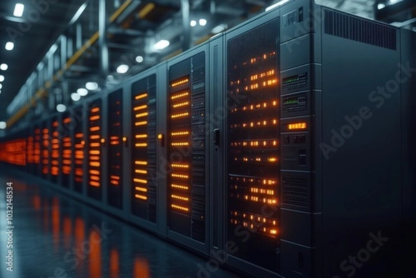 Fototapeta A row of servers in a data center, with orange lights glowing.