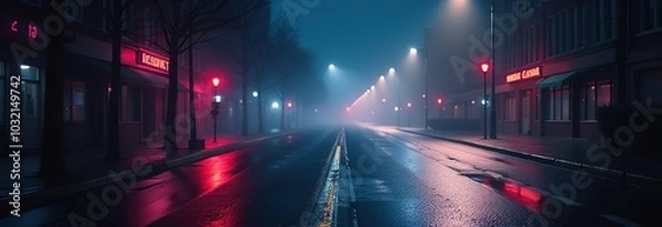 Fototapeta Wet asphalt, reflection of neon lights, a searchlight, smoke. Abstract light in a dark empty street with smoke, smog. Dark background scene of empty street, night view, night city 
