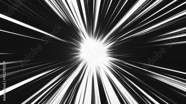 Fototapeta Abstract light speed motion background featuring white lines converging on a bright light source at the end of a dark tunnel