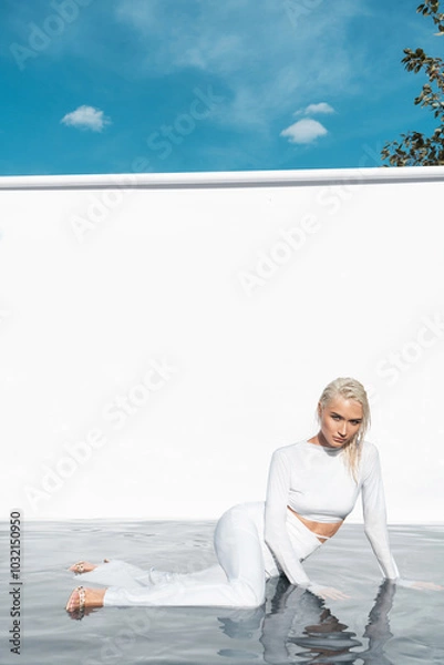Obraz Beautiful fashion girl posing in white clothes in the studio while standing in the water