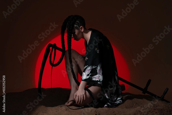 Obraz Japanese death demon with a scythe on a red background