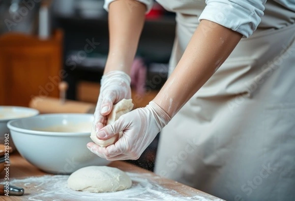 Fototapeta A baker kneading dough flour dusting their apron and cheeks