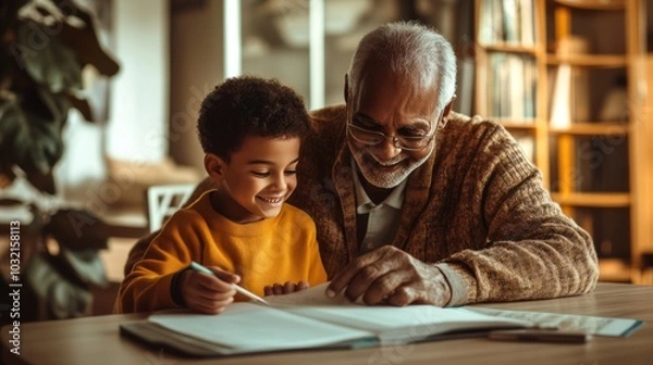 Fototapeta Senior black man and kid watching notebook and writing, grandfather helping grandson with homework. Grandpa is teaching grandson, home education, deep family connections, AI generative image