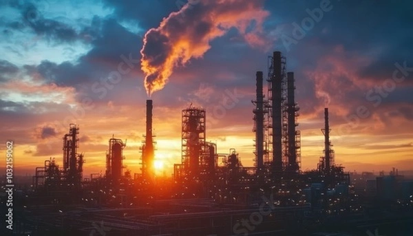 Fototapeta Industrial view of an oil refinery at sunrise against a cloudy sky