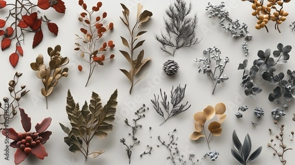 Fototapeta an artfully arranged collection of hyper-detailed flora and fauna elements, from twining vines to seed pods, ready for seamless integration into larger designs