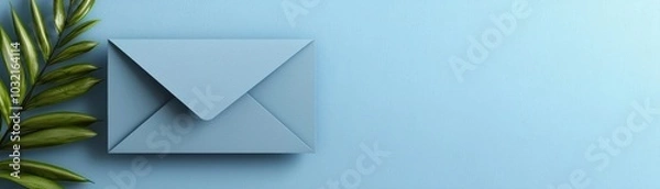 Fototapeta A serene flat lay of a blue envelope and green foliage on a light blue background, perfect for invitations, letters, or creative projects.