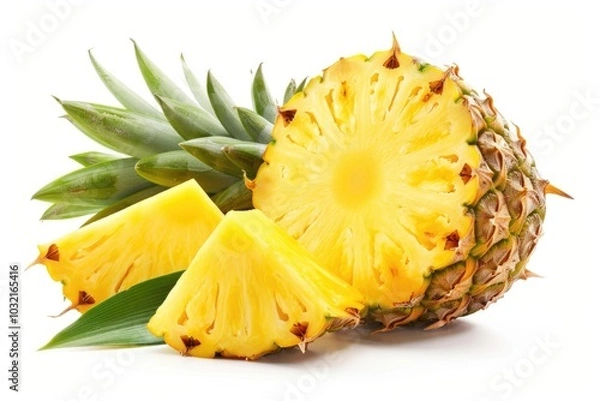 Obraz pineapple juicy yellow fruit with slices and leaf isolated on white background