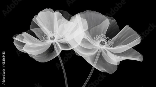 Fototapeta hauntingly beautiful x-ray renderings of diverse flowers float against stark black and white backdrop intricate vein structures and delicate petal formations revealed in ethereal transparency