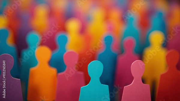 Fototapeta Vibrant, out-of-focus crowd from above: Multicolored paper figurine effect symbolizing diversity and unity in marketing