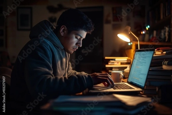 Fototapeta Late-night writer immersed in creativity at a cluttered desk with warm lighting and a steaming cup of coffee