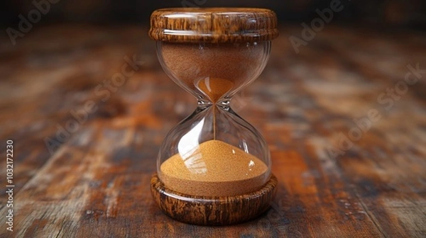 Fototapeta A wooden hourglass with sand flowing, symbolizing the passage of time.