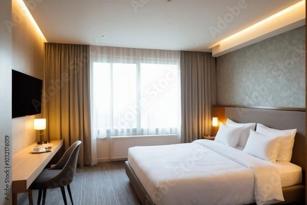 Fototapeta A cozy modern hotel bedroom in the morning with a double bed and sunlight effect from windows.