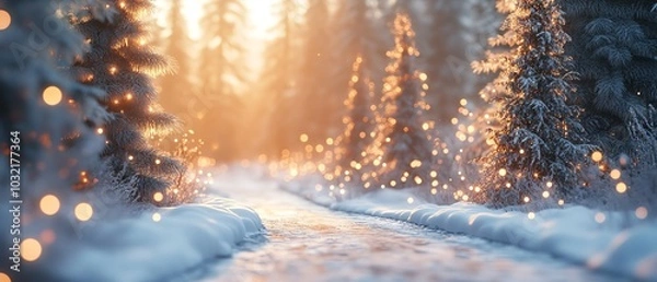 Fototapeta A serene winter setting showcasing snowcovered fir trees and a winding path, complemented by an enchanting bokeh effect for a charming New Year scene