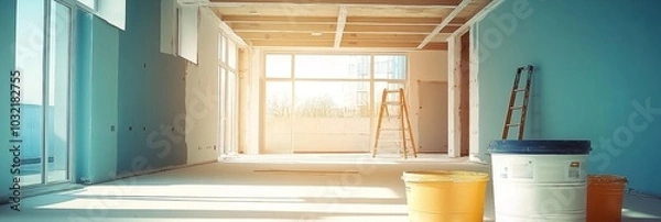 Fototapeta Empty room in apartment,indoors during renovation in daytime with painting tools ladder buckets