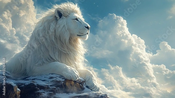 Fototapeta A majestic white lion rests on a rocky outcrop against a backdrop of fluffy clouds.
