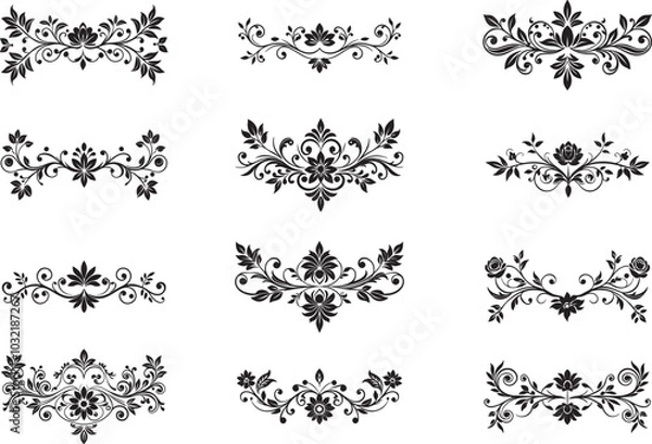 Fototapeta Black and white vector design of floral elements, serving as decorative border dividers with intricate patterns