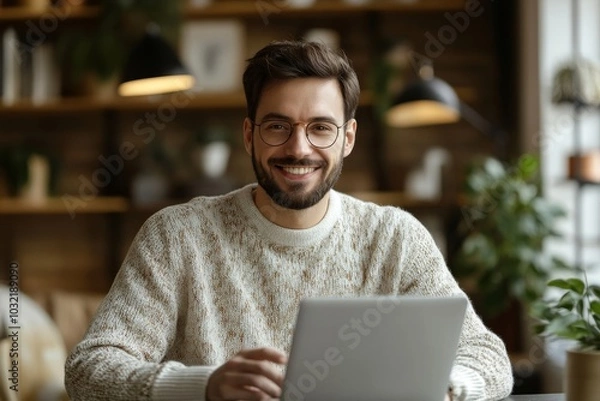 Obraz Smiling man shopping online or e-purchasing, making online payments, paying for services or goods, self-employed freelancer collecting fee, Generative AI