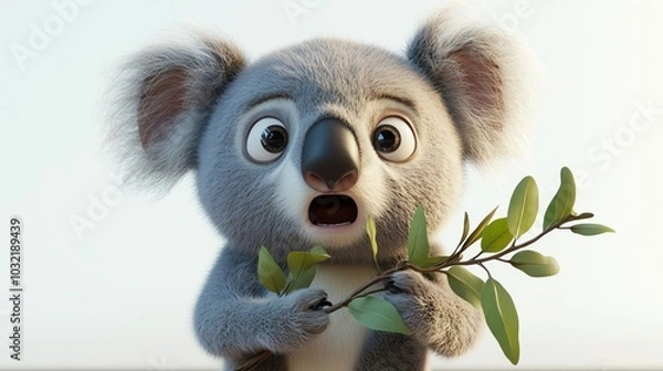 Fototapeta 3D koala clutching a tree branch in shock, wideeyed expression, white background