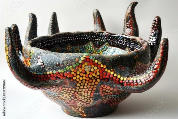 Obraz Ceramic bowl covered with a colorful mosaic of tiles standing on a white surface