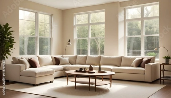 Fototapeta A modern living room with a large beige sectional sofa, a wooden coffee table, and a warm, natural lighting coming through a window.