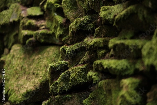 Obraz 돌틈과 바위 사이로 초록 이끼의 아름답고 조화로운 자연의 배경화면