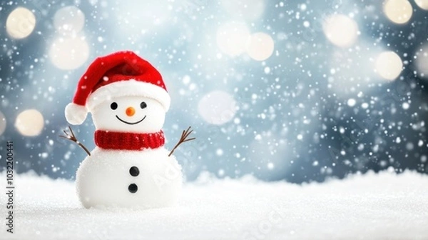 Fototapeta Snowman wearing a red Santa hat, happily waving in a snowy landscape, bringing a festive touch to the wintry scene.