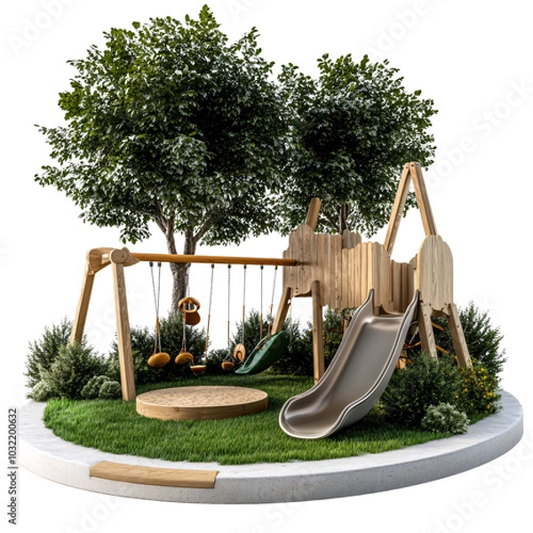 Fototapeta beautifully designed wooden playground set featuring slide, swings, and circular platform, surrounded by lush greenery and trees, creating perfect outdoor play area for children