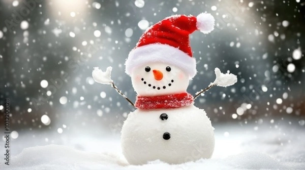 Fototapeta Snowman with a big red Santa hat, waving in a cheerful snowy landscape, capturing the essence of holiday magic