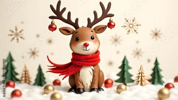 Obraz Cute reindeer with red scarf and festive baubles in a snowy Christmas scene