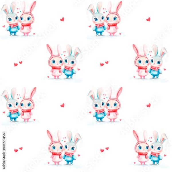 Fototapeta A repeating pattern of two adorable cartoon bunnies, one in blue and the other in pink, surrounded by floating hearts. The bunnies stand close, radiating love.