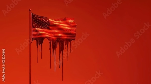 Fototapeta The image features a dripping American flag against a bold red background, conveying a powerful and provocative message.