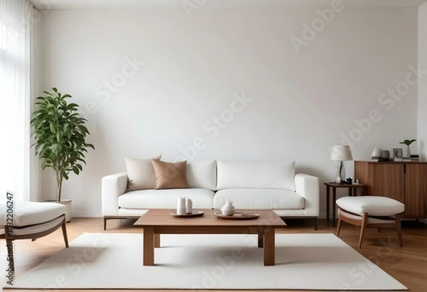 Fototapeta A modern living room with a white sofa, a wooden coffee table, and a large blank wall above the couch.